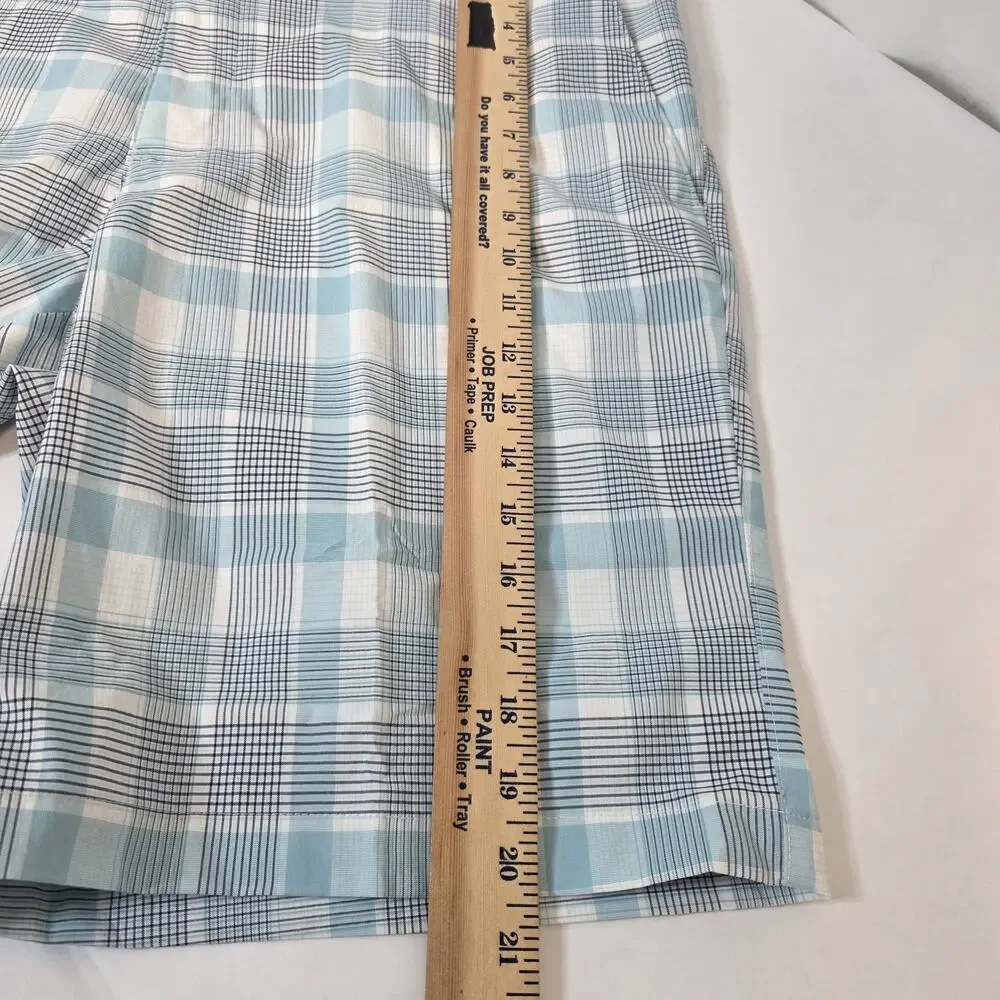 PGA Tour Golf Shorts Mens 38 Blue Plaid Flat Front Slash Pocket Casual Active